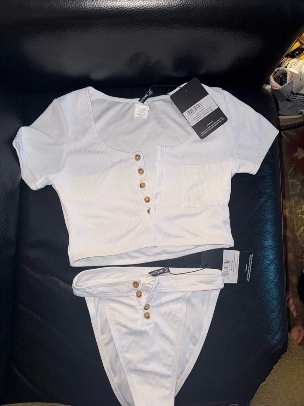 White Ribbed Button-Front Crop Top & High-Cut Bottom Bikini Set - Picture 6 of 8